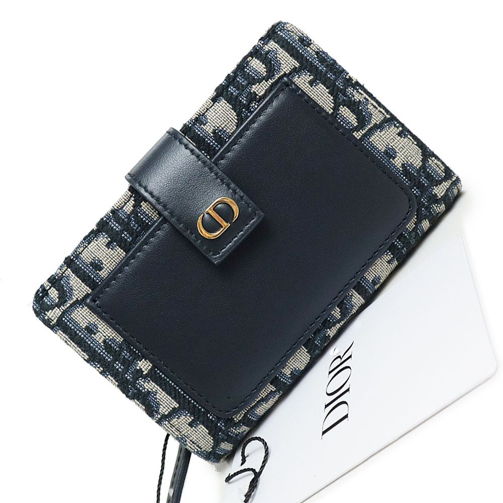 クリスチャンディオール 30 Montaigne モンテーニュ Dittany 二つ折り財布 オブリーク ジャカード スムースカーフスキン レザー ネイビー ブルー ベージュ ゴールド金具 S2361UNKO Christian Dior