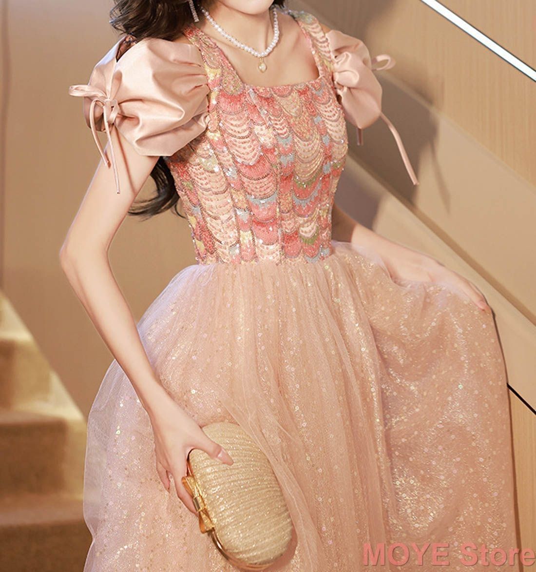 カラードレス ロングドレス パーティードレス 半袖 パフスリーブ