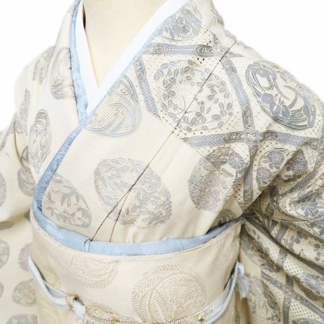 特選 訪問着 着物 正絹 袷 汕頭刺繍 スワトウ 作家物 落款 格天井文 丸花紋 砥粉色 鼠色 身丈164cm 裄69cm L きもの北條 A1280-6