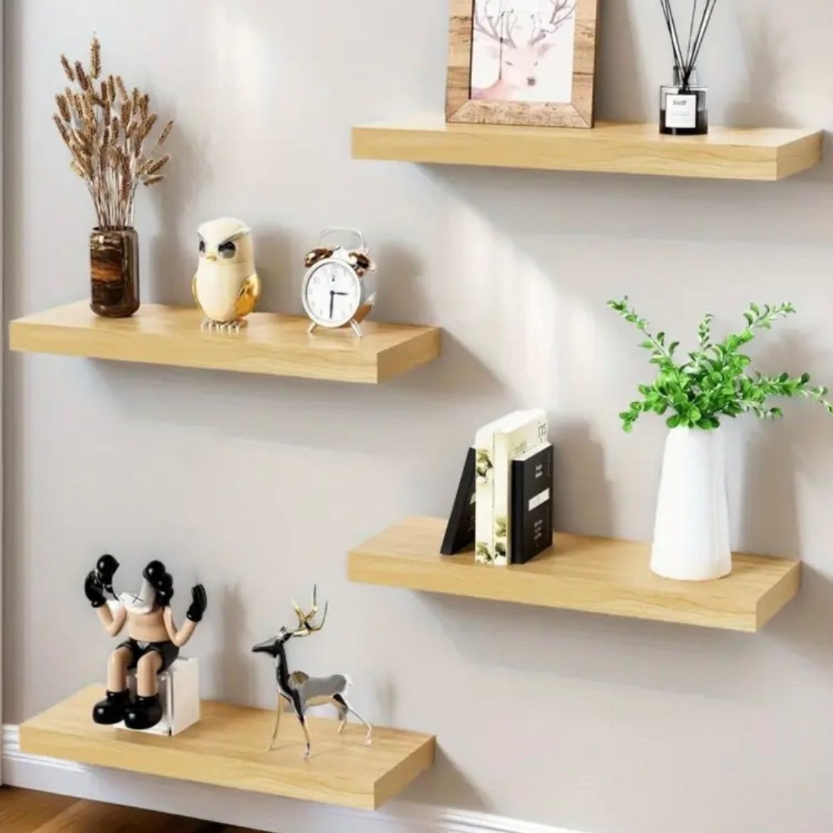フローティングシェルフ カエデ材 2個セット 16インチ 壁掛け式収納 キッチン リビング ベッドルーム バスルーム対応 ヴィンテージ木製 ディスプレイ棚 ホワイトバック付き シンプルデザイ