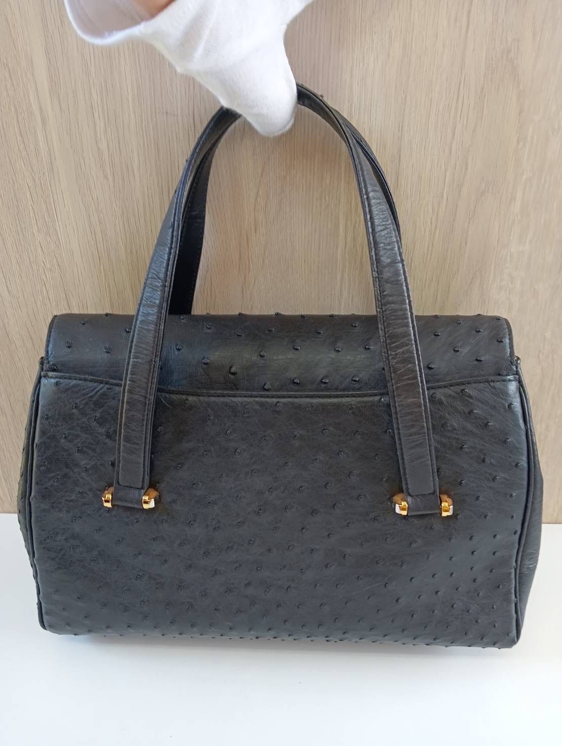 中古品】 JRA認定 Ostrich LEATHERオーストリッチ レザー ハンドバッグ