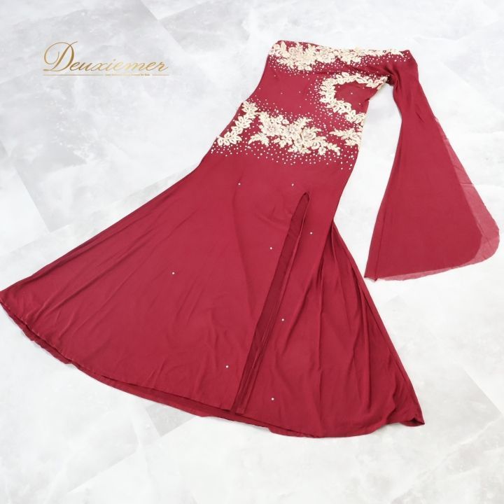 ベリーダンス 衣装 バラディドレス ワンピースドレス 赤 シルバー 花柄