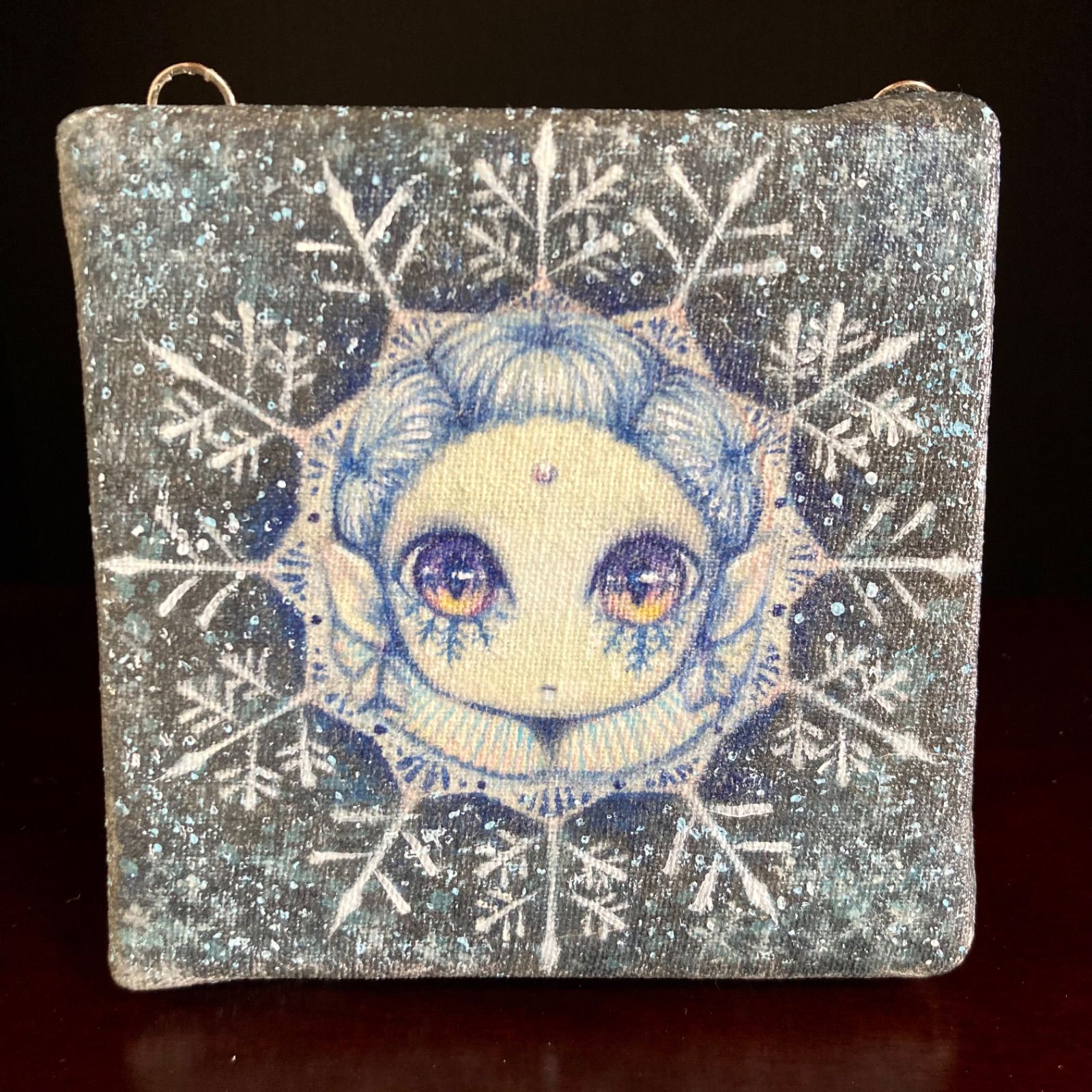 雪の夜』 アクリル画、手描き、原画、1点物。 （おっきな月を