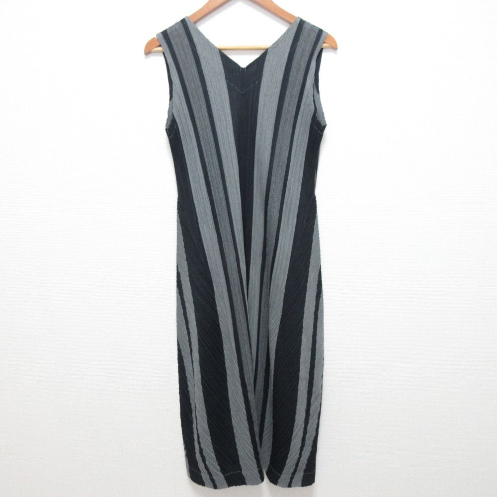 PLEATS PLEASE プリーツプリーズ イッセイミヤケ ストライプ ノースリーブ ワンピース PP51-JH513 サイズ3 グレー レディース 古着