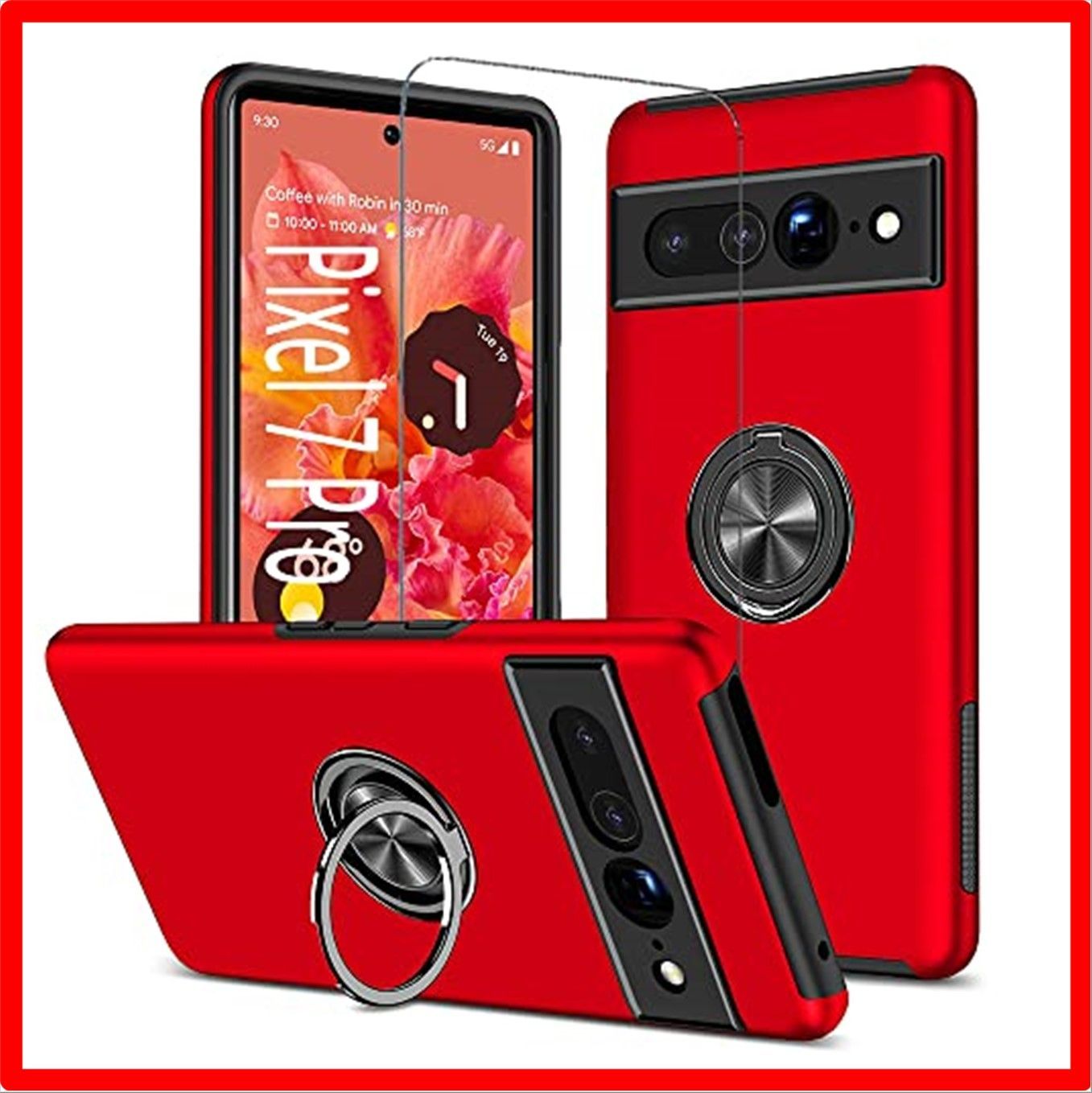 【匿名配送】 7Pro 6.7_レッド スマホケース Google Pixel 7 Pro 用 ケース リング付き 耐衝撃 pixel7Pro ケース リング 