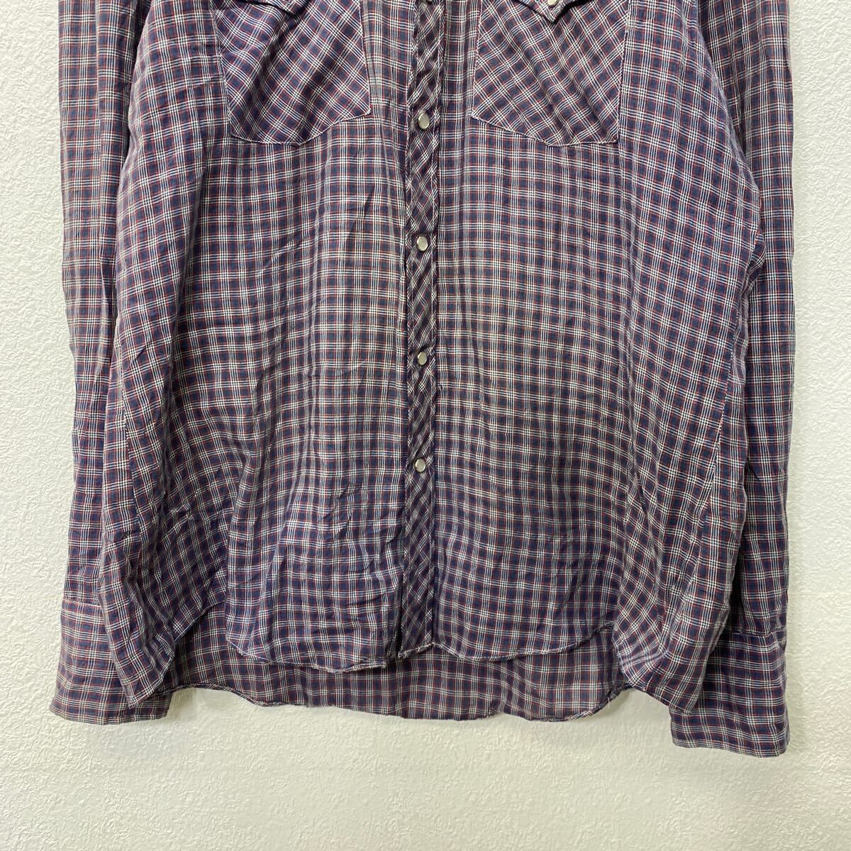 長袖シャツ　チェックシャツ　ウエスタン風　スエード　スナップボタン　古着 WESTERN Stylewise 長袖 チェック ウエスタンシャツ L ネイビー