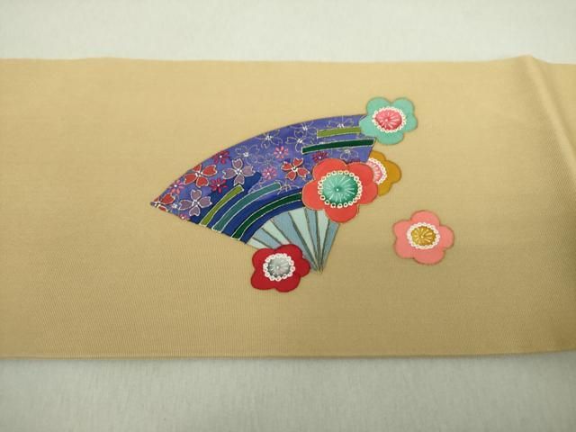 平和屋着物●塩瀬　九寸名古屋帯　手描き　童女　舞扇梅文　金彩　正絹　逸品　DAAS3217ps 平和屋着物○塩瀬 九寸名古屋帯 手描き 童女 舞扇梅文 金彩 正絹 逸品