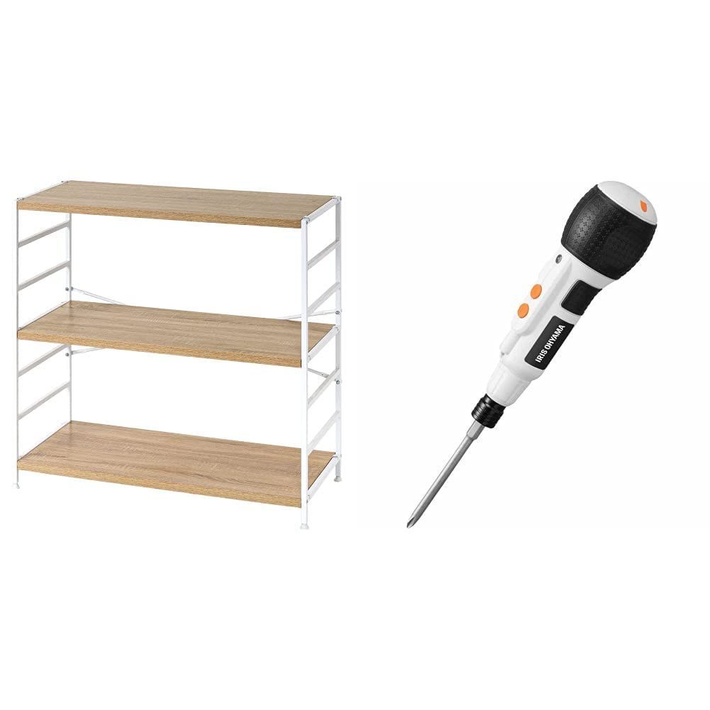 新着商品 アイリスプラザ ラック 棚 収納 収納ラック 隙間収納 木製棚板スチールラック 幅90×奥行40×高さ85cm 3段 オーク×ホワイト MSRK-3OKWT＋ボールグリップドライバー 3.6V ホワイト JMD8BG-W