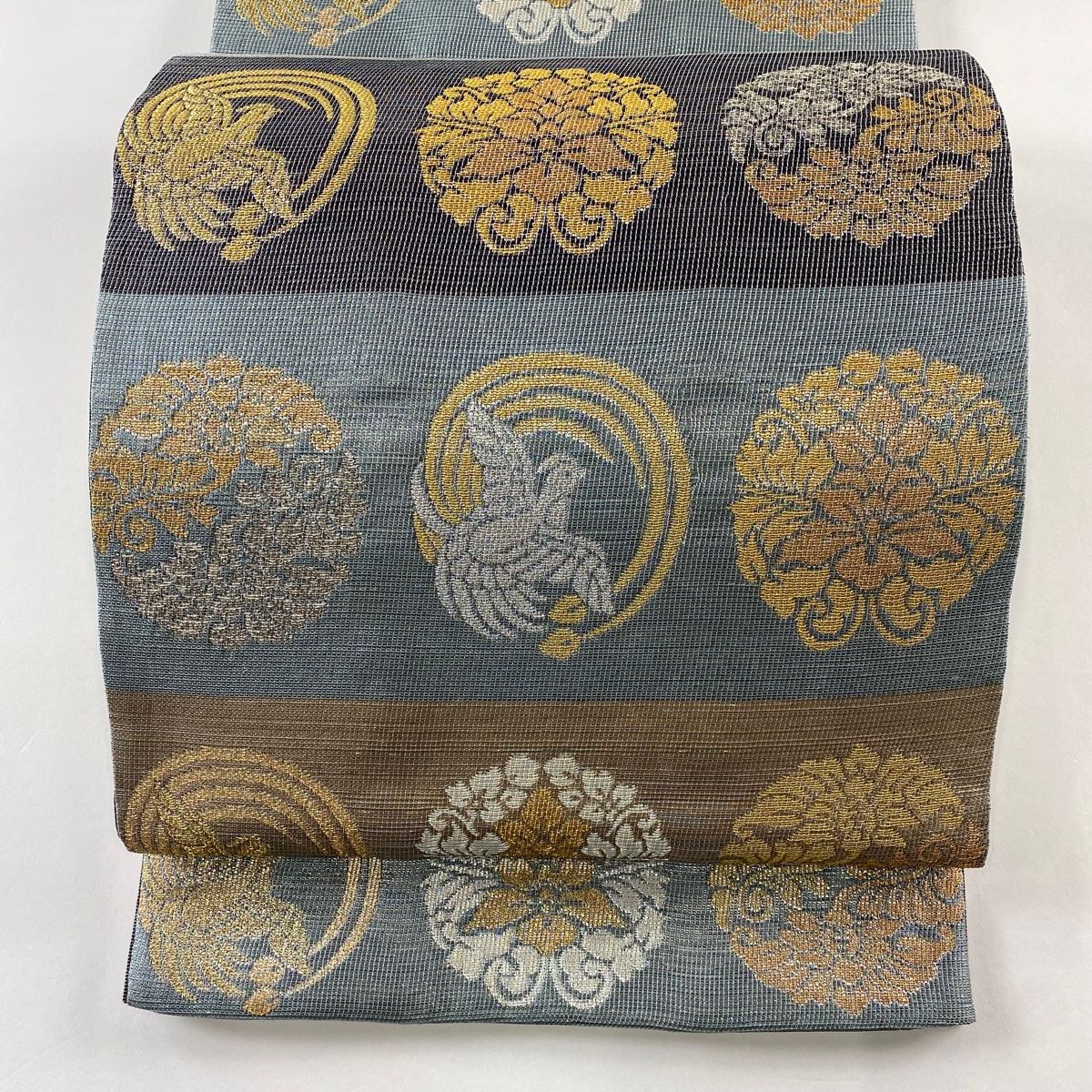 袋帯 秀品 縞 金銀糸 箔 灰色 六通 正絹 【中古】