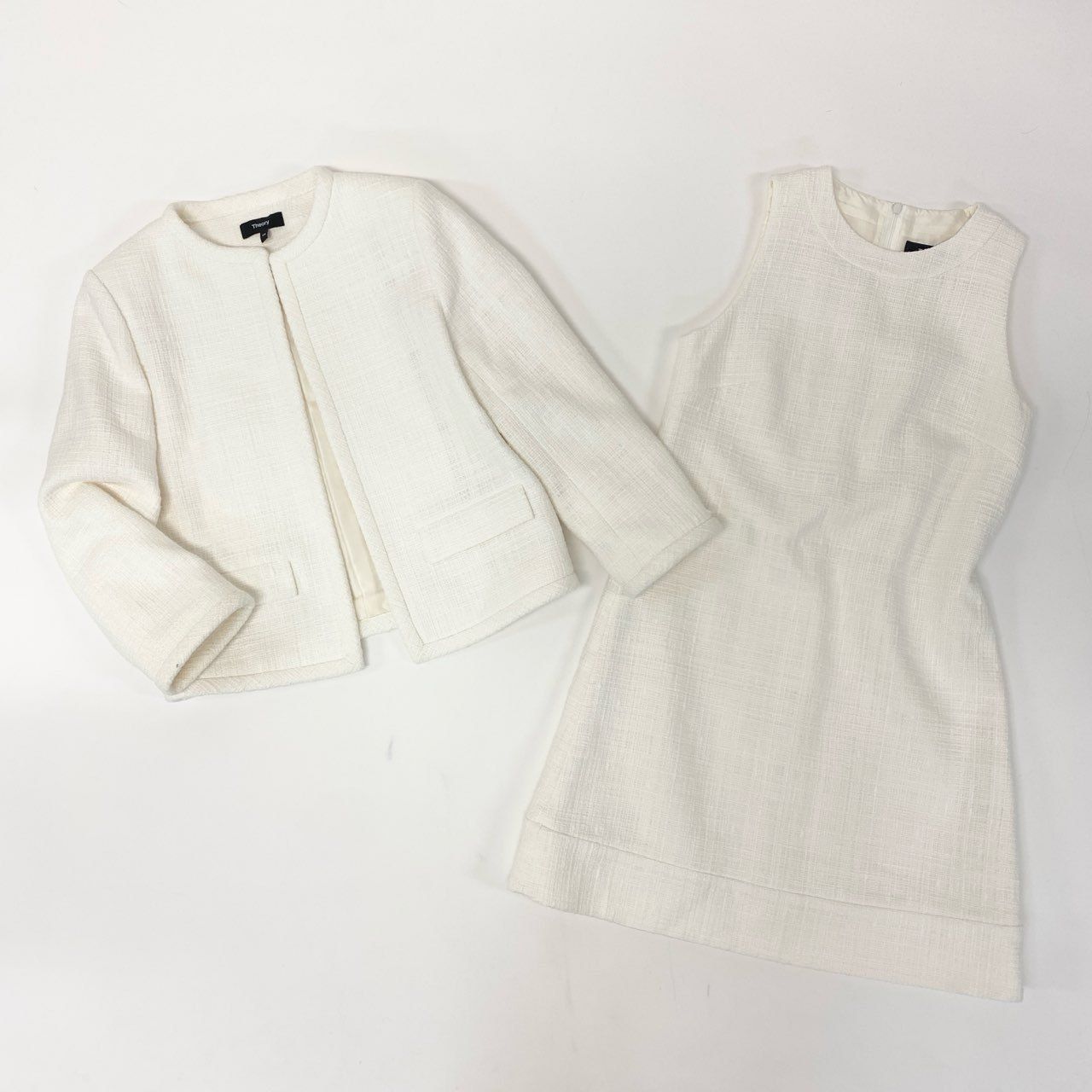 56j20 Theory セオリー セレモニースーツ ツイード生地 ノーカラージャケット ワンピース サイズ00 ホワイト レディース 入学式u02t