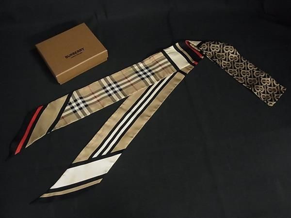 BURBERRY バーバリー ノバチェック TBモノグラム シルク リボンスカーフ ツイリー ベージュ系×ブラック系 FM1581