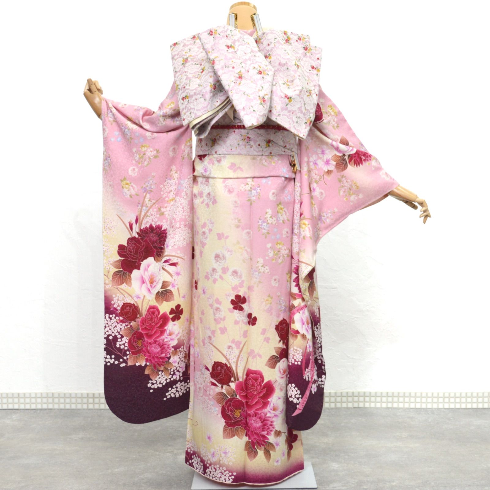 美品》正絹 振袖フルセット 成人式 M〜LLサイズ 薔薇 レース帯 上品 美 