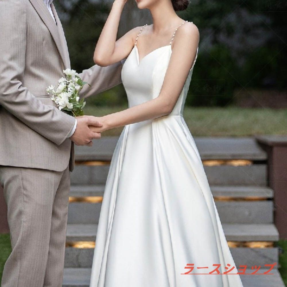 二次会 花嫁 白 ワンピース ウエディングドレスマキシ丈 結婚式 ドレス サテン シンプル キャミソールタイプ パールストラップ エレガント 前撮り 披露宴 ロング丈