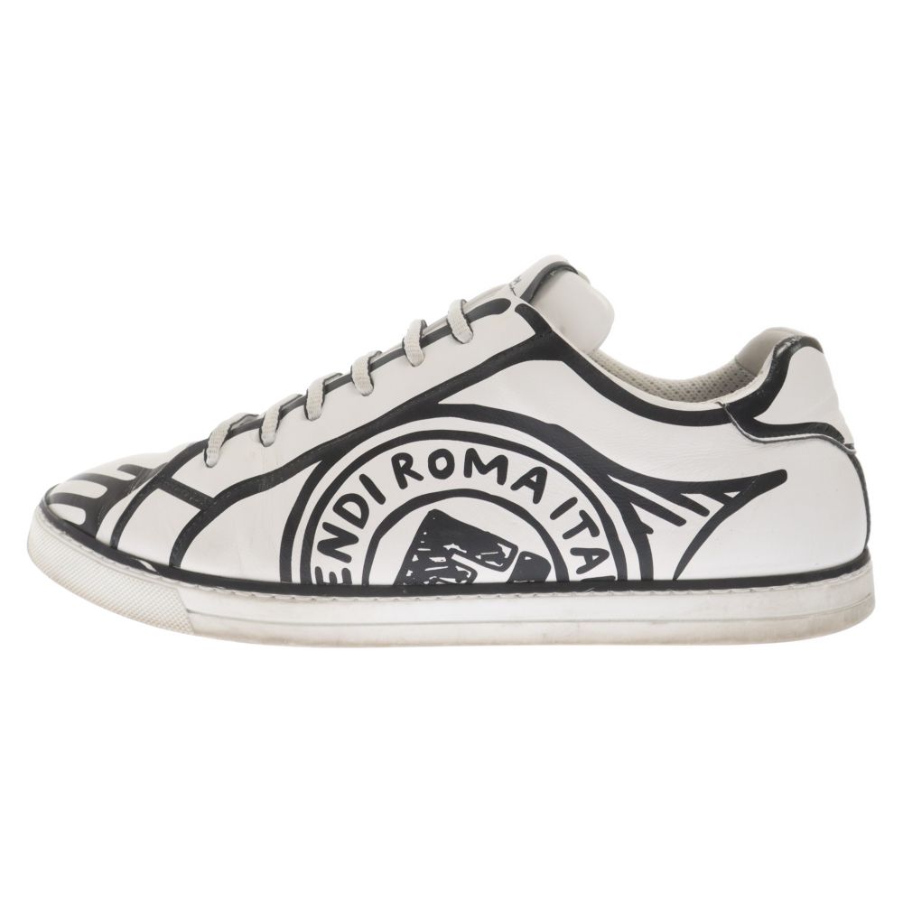 FENDI (フェンディ) ×Joshua Vibes Trompe Loeil Stamp Leather Sneakers ×ジョシュアヴィーダス レザーローカットスニーカー ホワイト/ブラック 7E1389