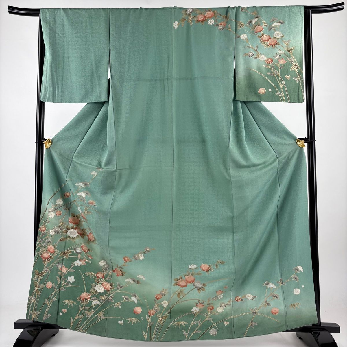 訪問着 身丈164.5cm 裄丈66.5cm M 袷 草花 梅 金彩 刺繍 薄緑 正絹 秀品