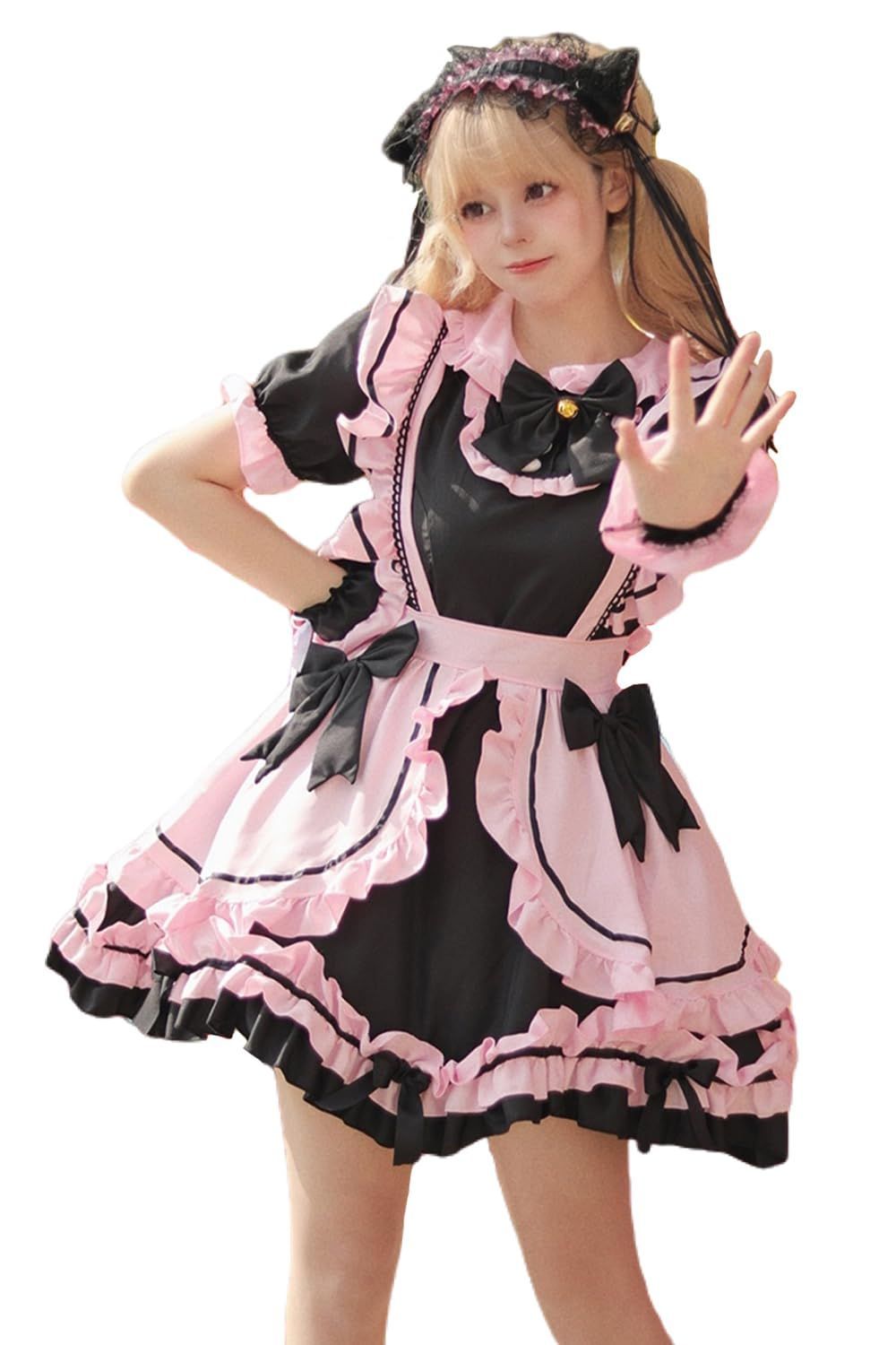 2XL [RPFLQ] メイド服 コスプレ ロリータ ロリ ピンク 蝶結ぶ ハロウィン 仮装 コスチューム レディース エプロン 衣装 半袖 フリル 可愛い 萌え 撮影 学園祭 イベント 活動 ワンピース ヘアバンド ニーハイソックス付き (2XL)