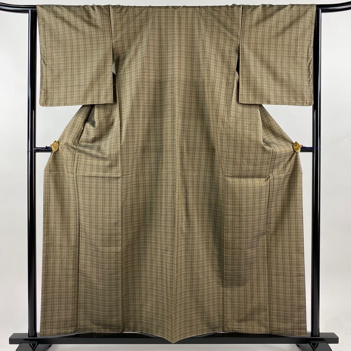 大島紬 身丈158cm 裄丈64.5cm M 袷 屋久杉染 証紙 格子 茶緑色 正絹 名品