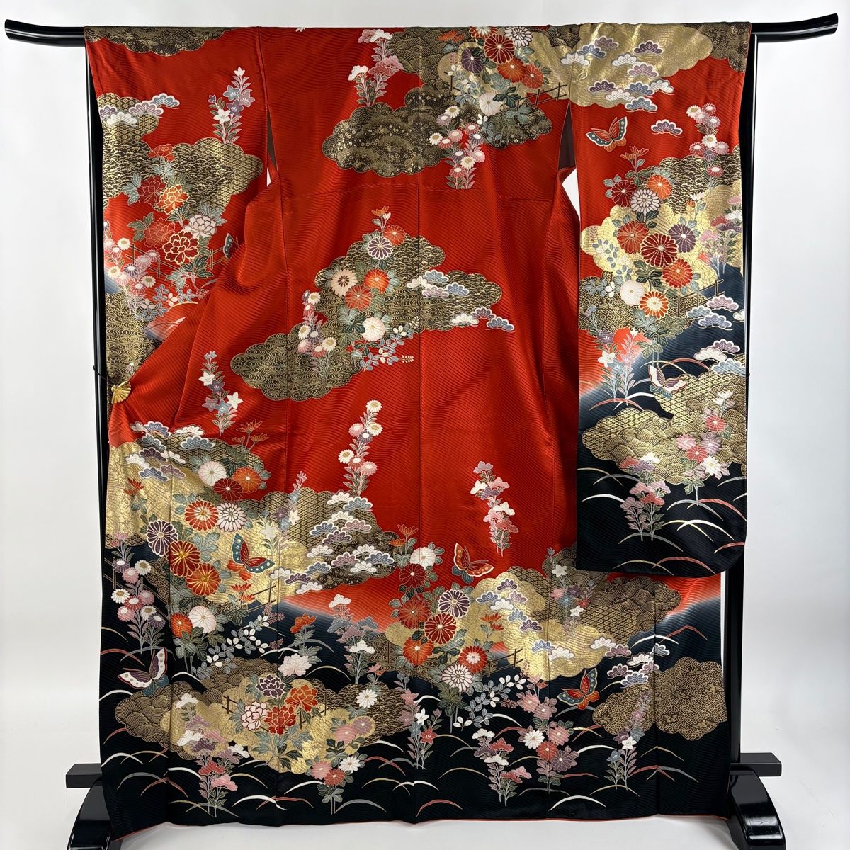 振袖 身丈169cm 裄丈66.5cm M 袷 菊 蝶 金糸 金彩 朱色 正絹 秀