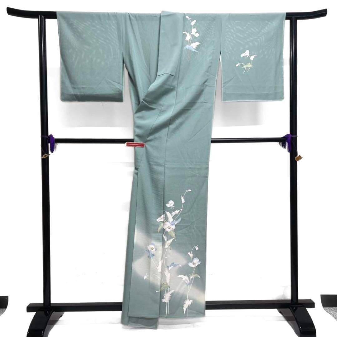 付け下げ 夏用 絽 花模様 流水 ぼかし染 グリーン 花模様 着物