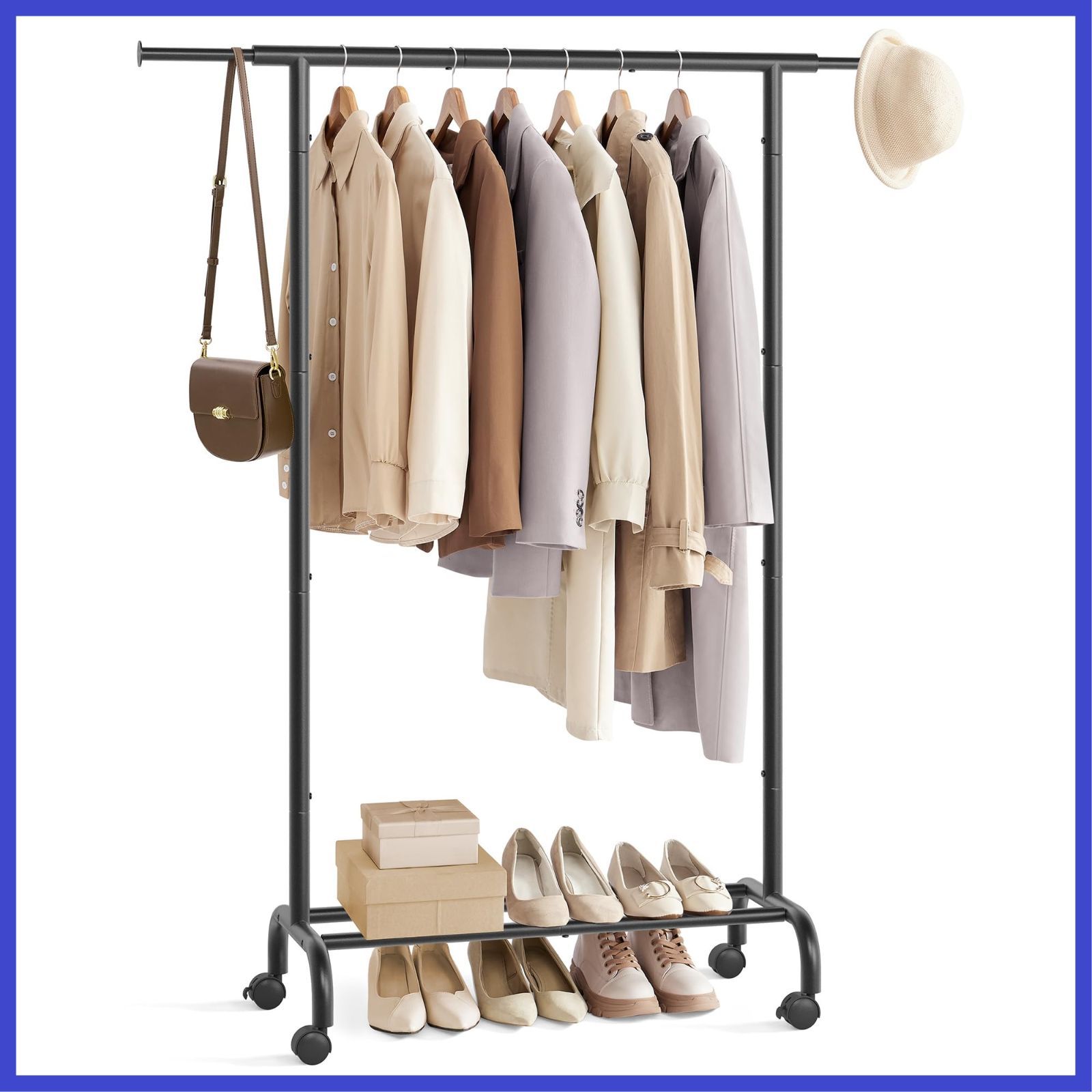 SONGMICS ハンガーラック 伸縮式衣装ラック 頑丈 洋服掛け 幅84~120cm スリム 室内物干し 衣類収納 安定性 キャスター付き移動しやすい ちょうどいいサイズ ブラック HSR134B01