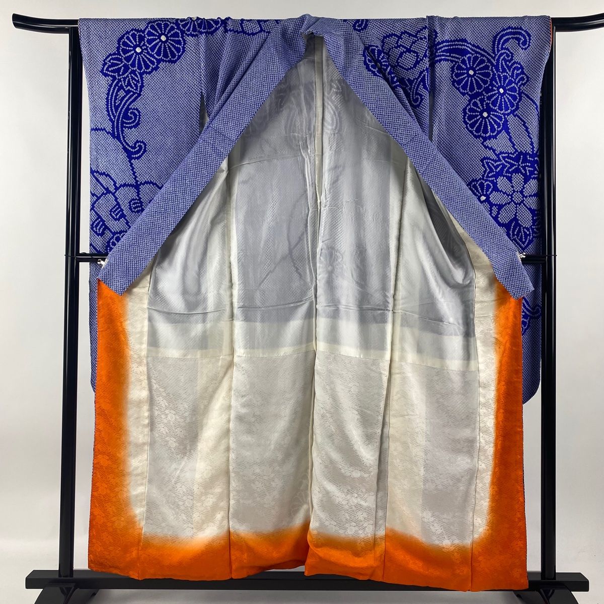 振袖 身丈155cm 裄丈66.5cm M 袷 菊 牡丹 総絞り 青 正絹 秀