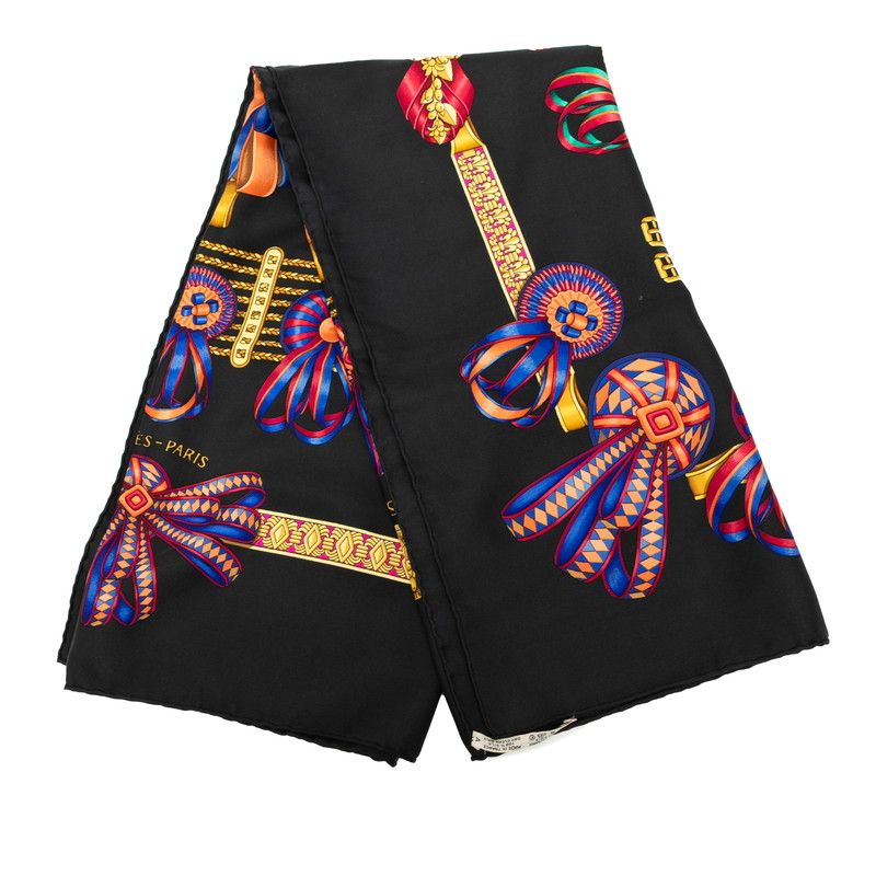 エルメス カレ90 LES RUBANS DU CHEVAL 馬のリボン飾り ブラック ゴールド マルチカラー シルク レディース HERMES 1-0229932