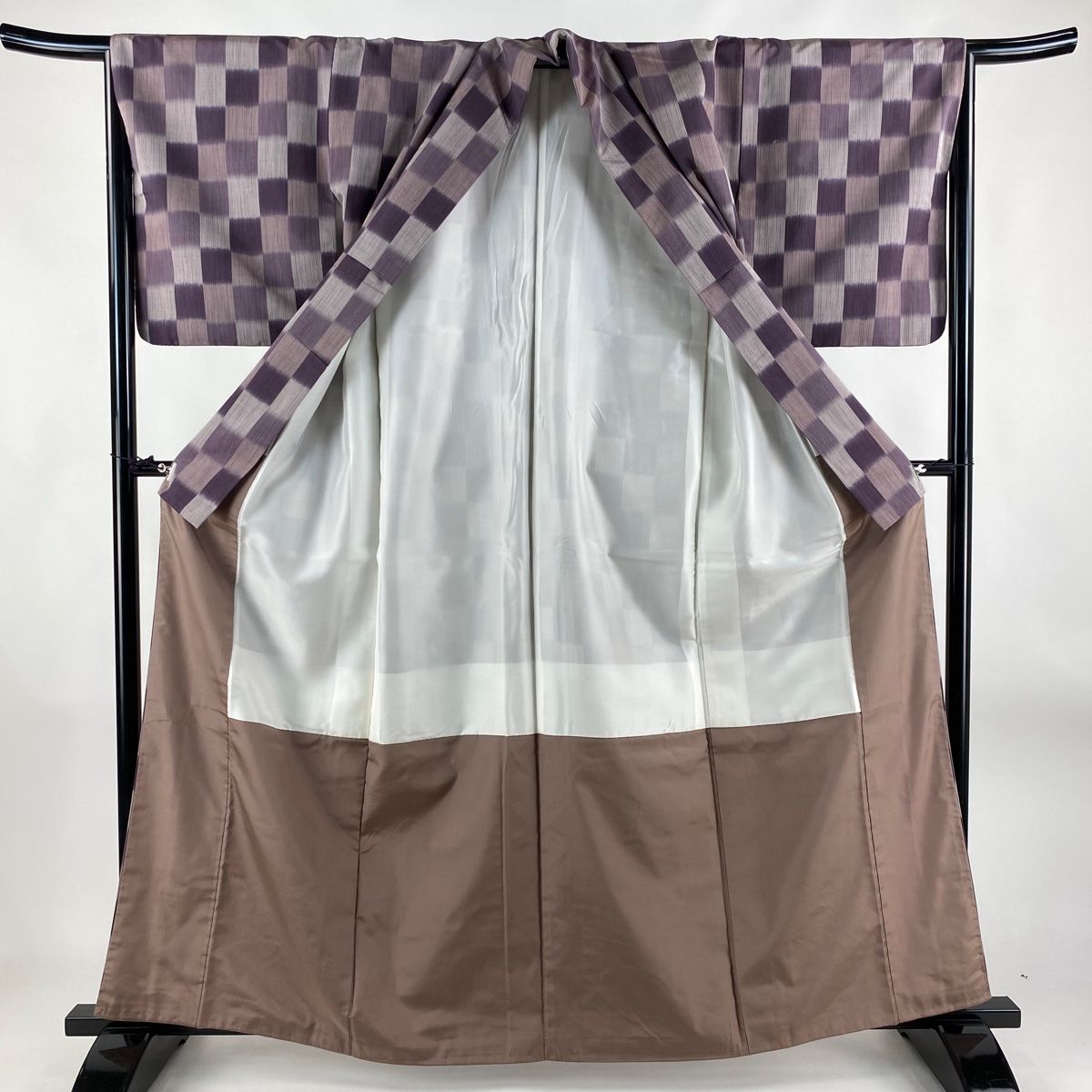 紬 身丈164.5cm 裄丈63.5cm S 袷 縦縞 変わり市松 山吹色 正絹 美品  