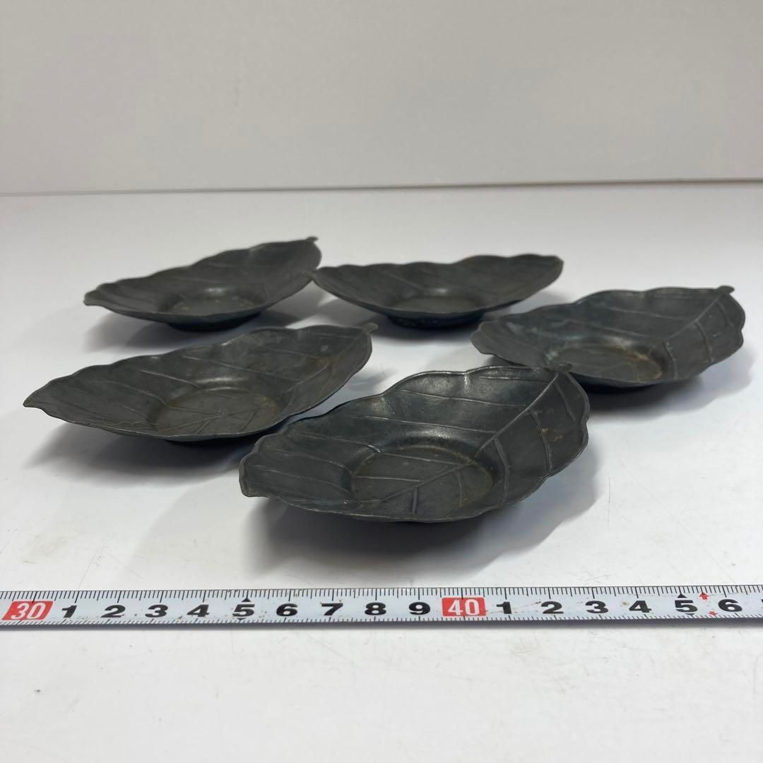 時代 錫製 葉形茶托5客 231g/横幅11.5㎝ 東Y5-0731① 日本