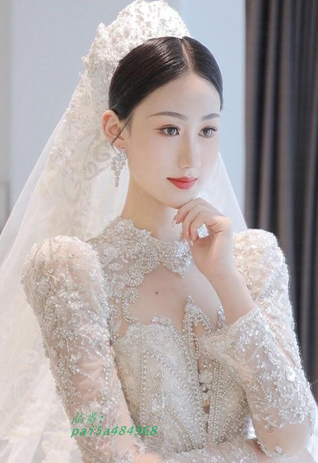 ウェディングドレス 白 長袖 立ち襟 トレーンドレス 結婚式ドレス ブライダルドレス 二次会ドレス スパンキラキラ ロングドレス 花嫁ドレス 袖あり 素敵 pai5a484968