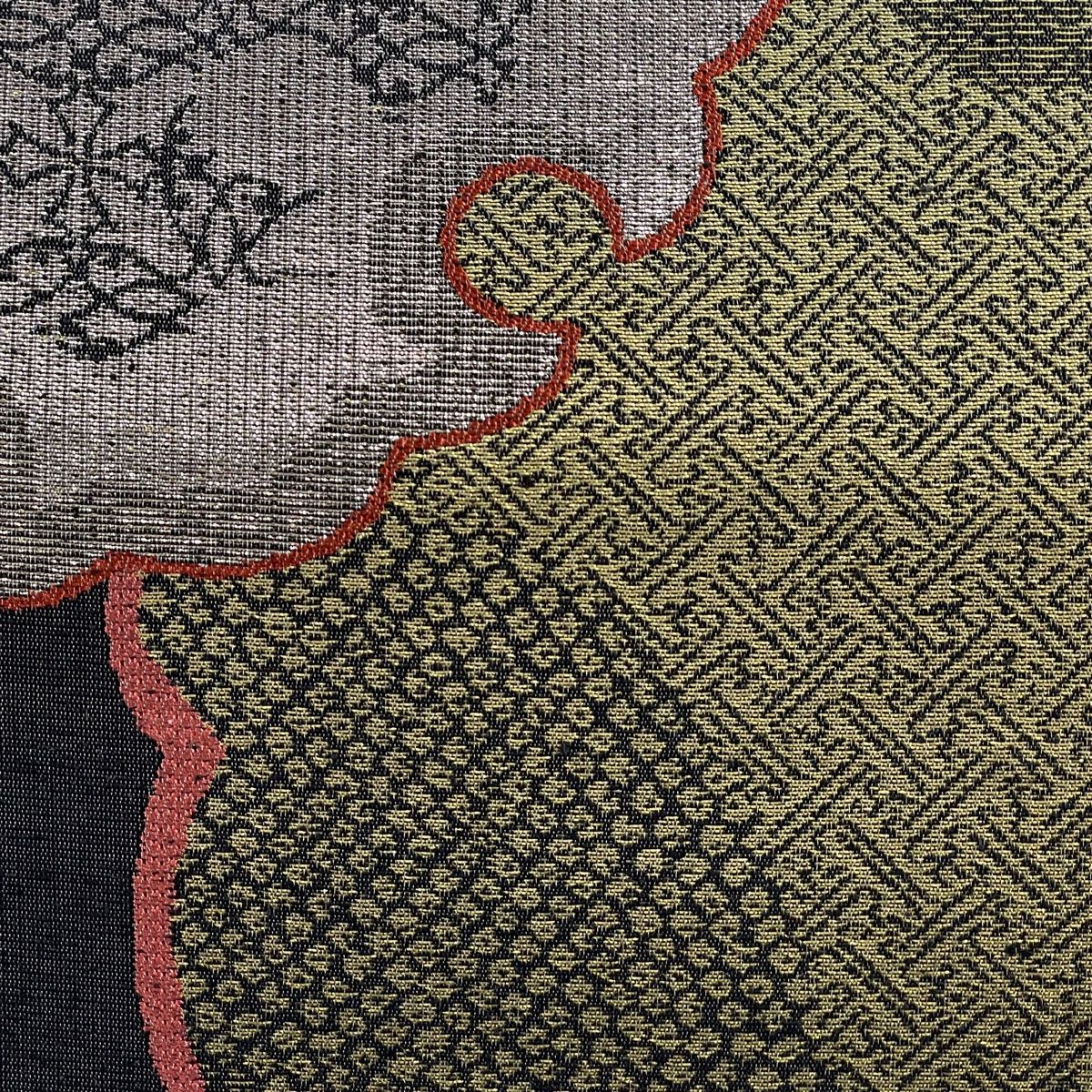 袋帯 美品 名品 紬地 雪輪 麻の葉 箔 ラメ箔 黒灰 六通 正絹 【中古