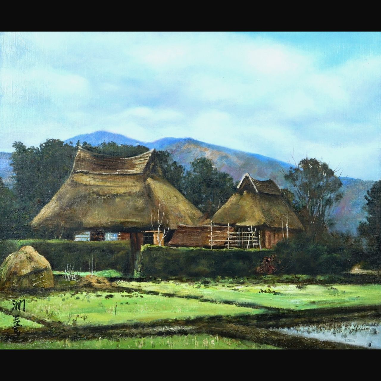 向井潤吉 「薮川平野の家」肉筆油彩20号 タトウ箱 古美術 楾 P39-OQ