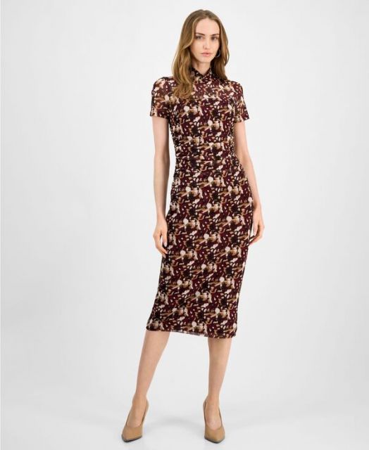 送料無料 バースリー レディース ワンピース トップス Women s Printed-Mesh Mock-Neck Midi Dress Pinot Noir Multi