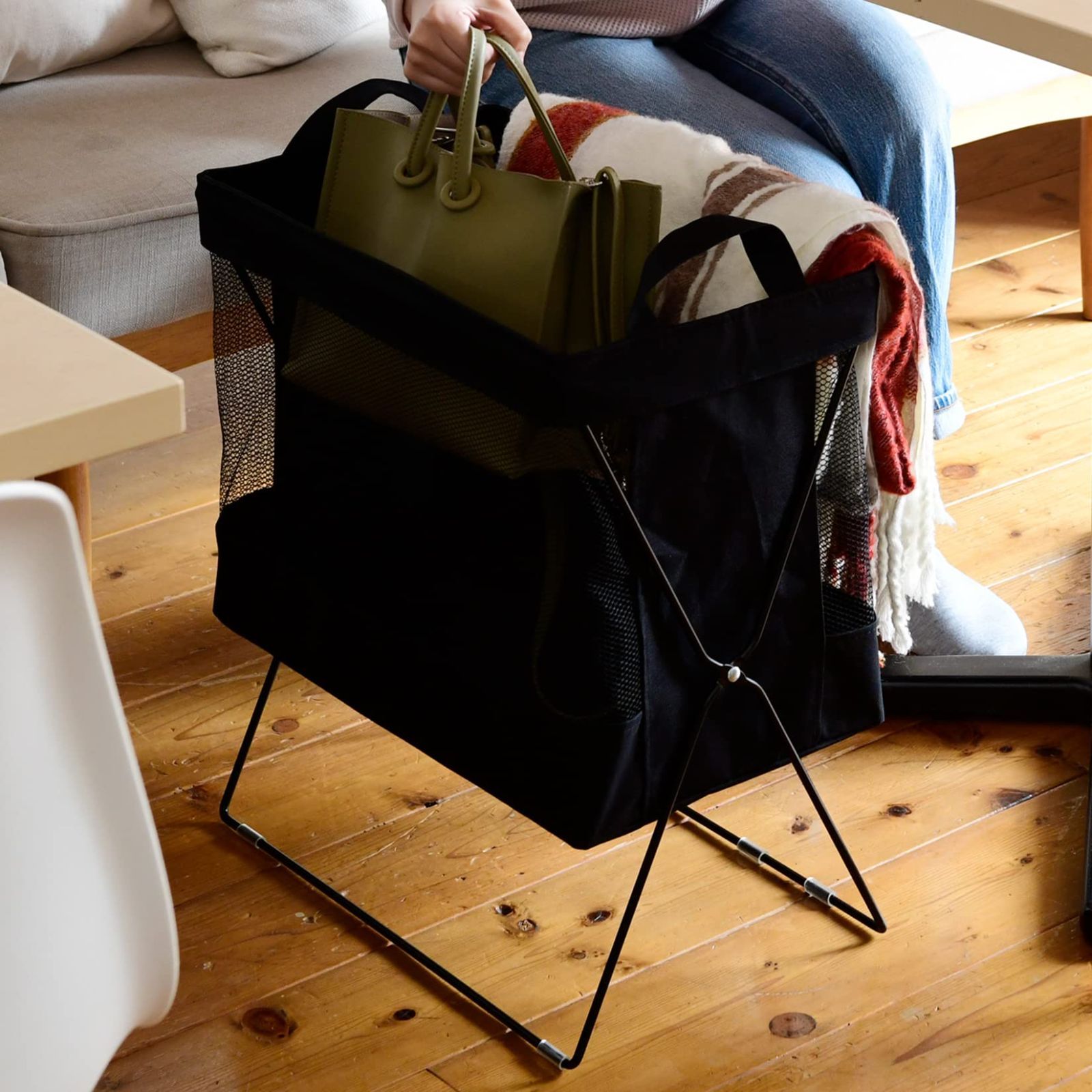 M ハイタイプ _ブラック 山善 荷物置き 収納ボックス ハイタイプ 折りたたみ 通気性 M 幅45×奥行26.5×高さ51cm 収納 ランドリーラック かんたん組み立て ブラック HTB-MH BK