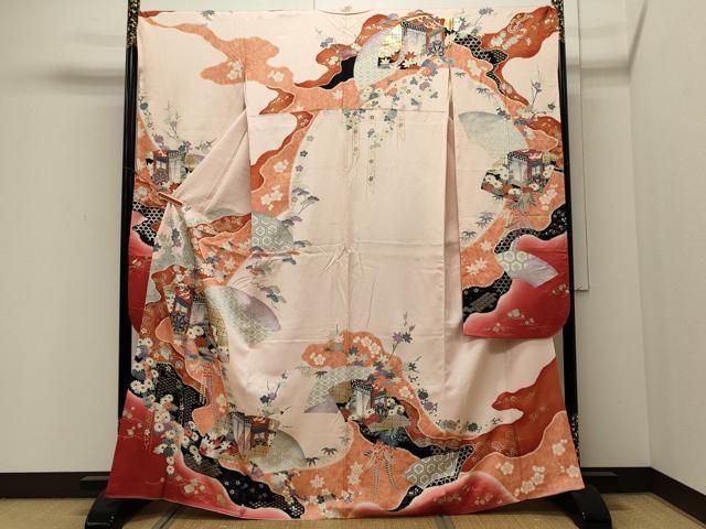 平和屋着物□豪華振袖 駒刺繍 地紙重ね御所車花文 暈し染め 金銀彩  