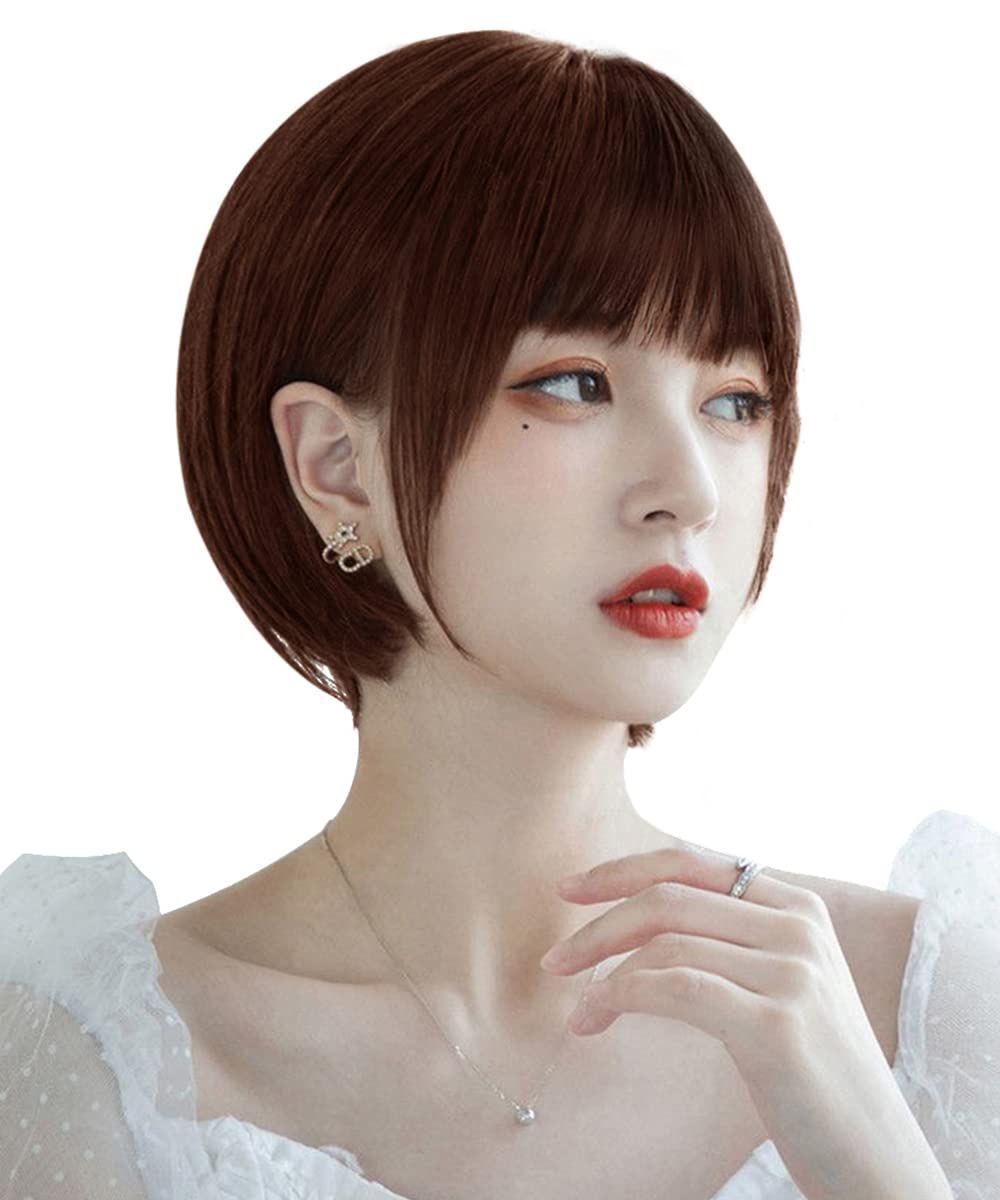 HAIRCUBE 日常 小顔 耐熱 自然 女装 ワンカール ネット/櫛付 wig 女性 レディーズ ぱっつん前髪 チョコ茶色 フルウィッグ ボブ ショート AISIHAIRウィッグ ウィッグ セミロング ストレート レイヤード