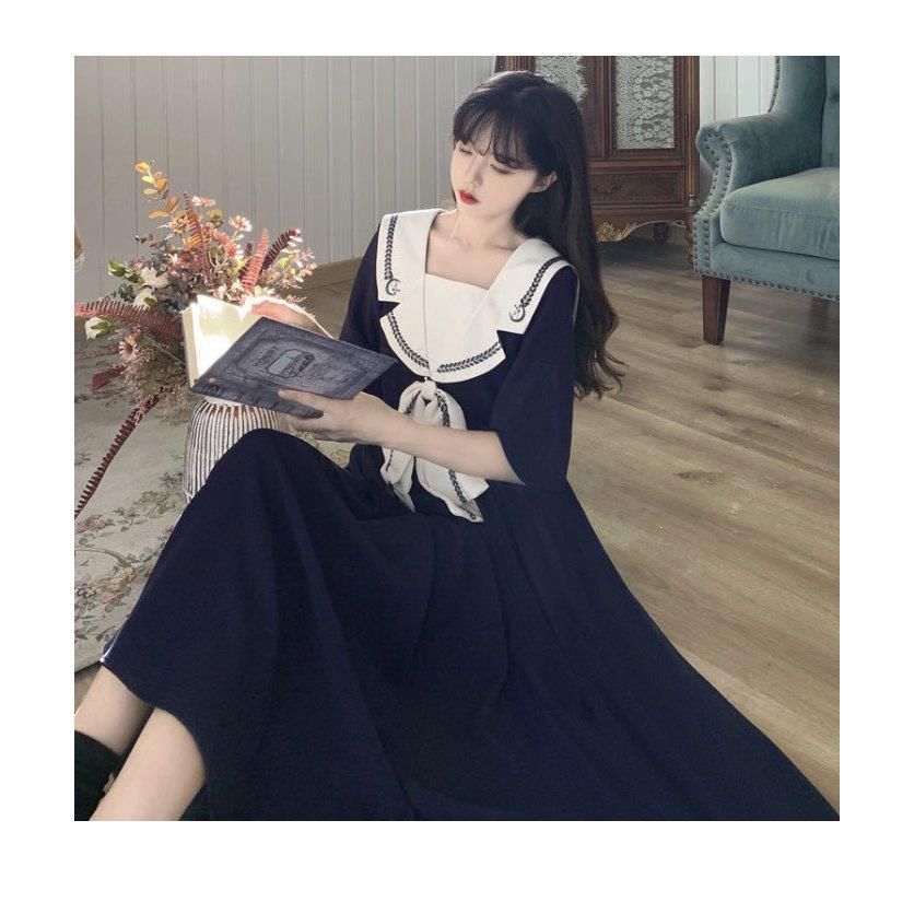 セーラー服 ワンピース レディース 半袖 ロングワンピ マリン