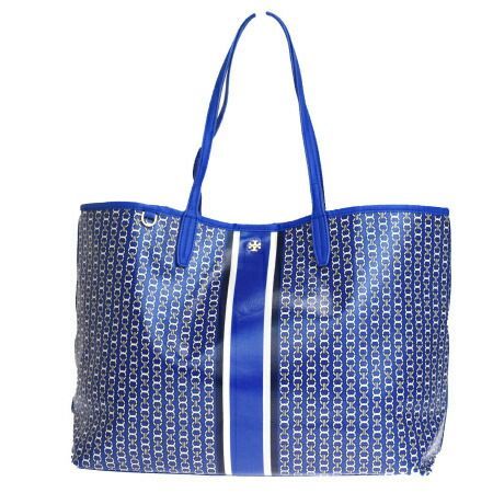 【中古】 中美品 トリーバーチ TORY BURCH トートバッグ ショルダーバッグ ブルー コーティング キャンバス レザー 02HD245