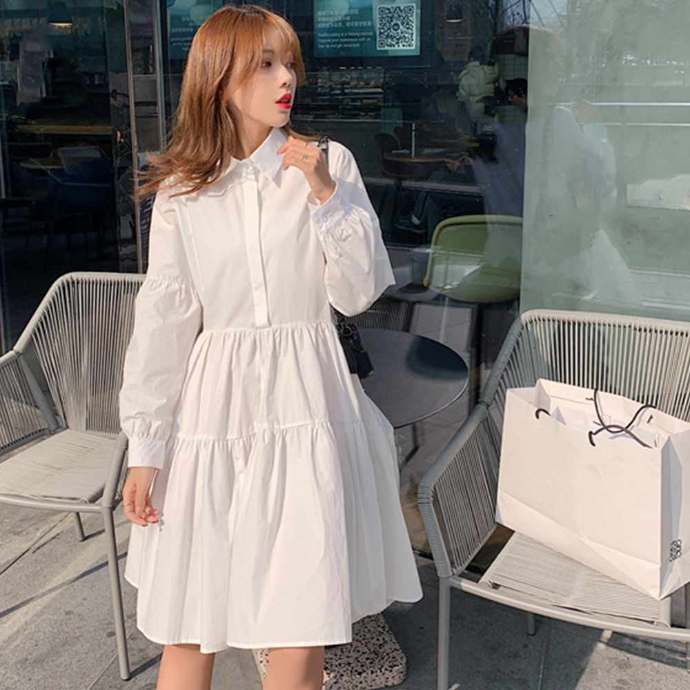 シャツワンピース ひざ丈 長袖 ティアード エレガント シック 大人