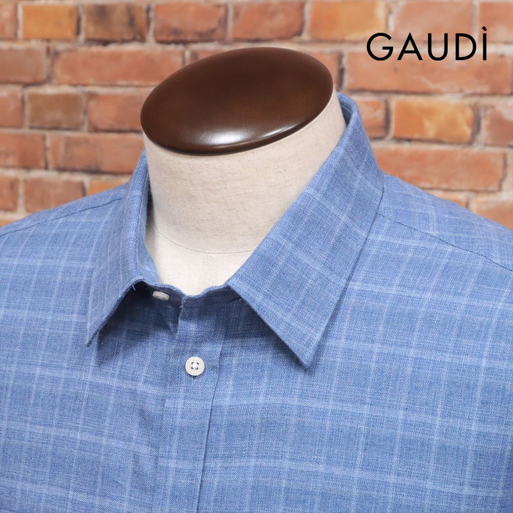 25秋冬 GAUDI Lサイズ 長袖ネルシャツ C521GU45016 コットン チェック柄 胸ポケット インポート メンズ 紳士 ガウディ 青 ブルー mc312