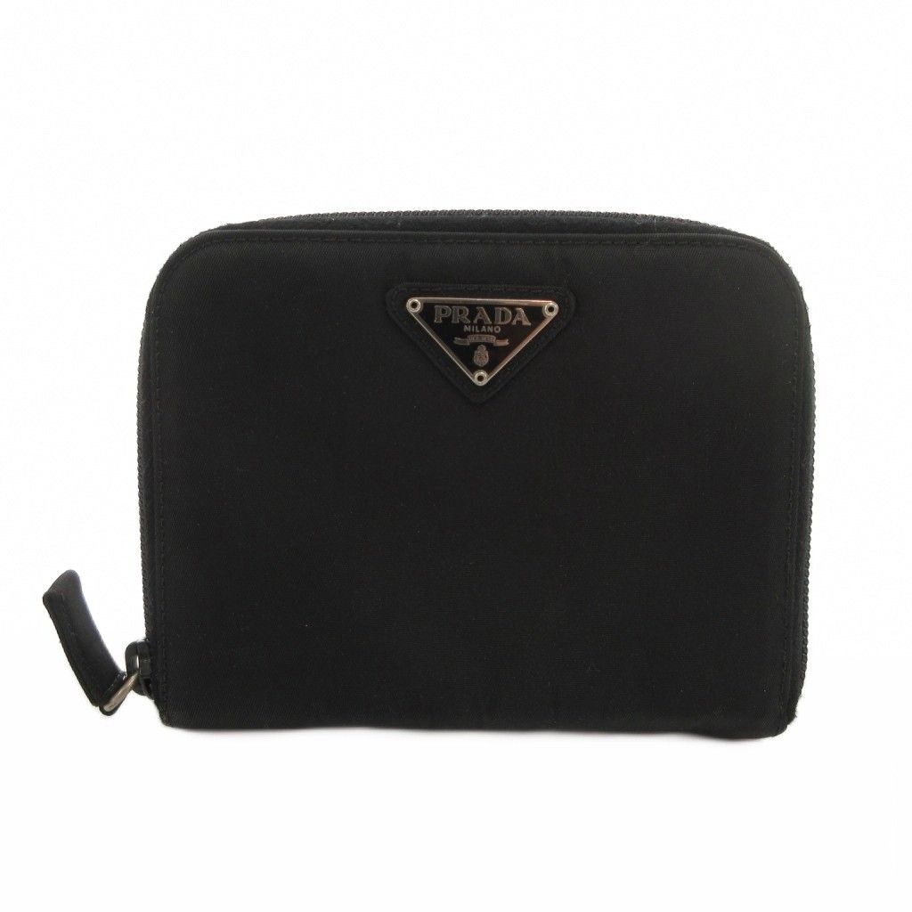 PRADA プラダロゴプレート二つ折り財布ナイロンブラック黒 PRADA 二つ折り財布 ロゴプレート ナイロン レザー ブラック