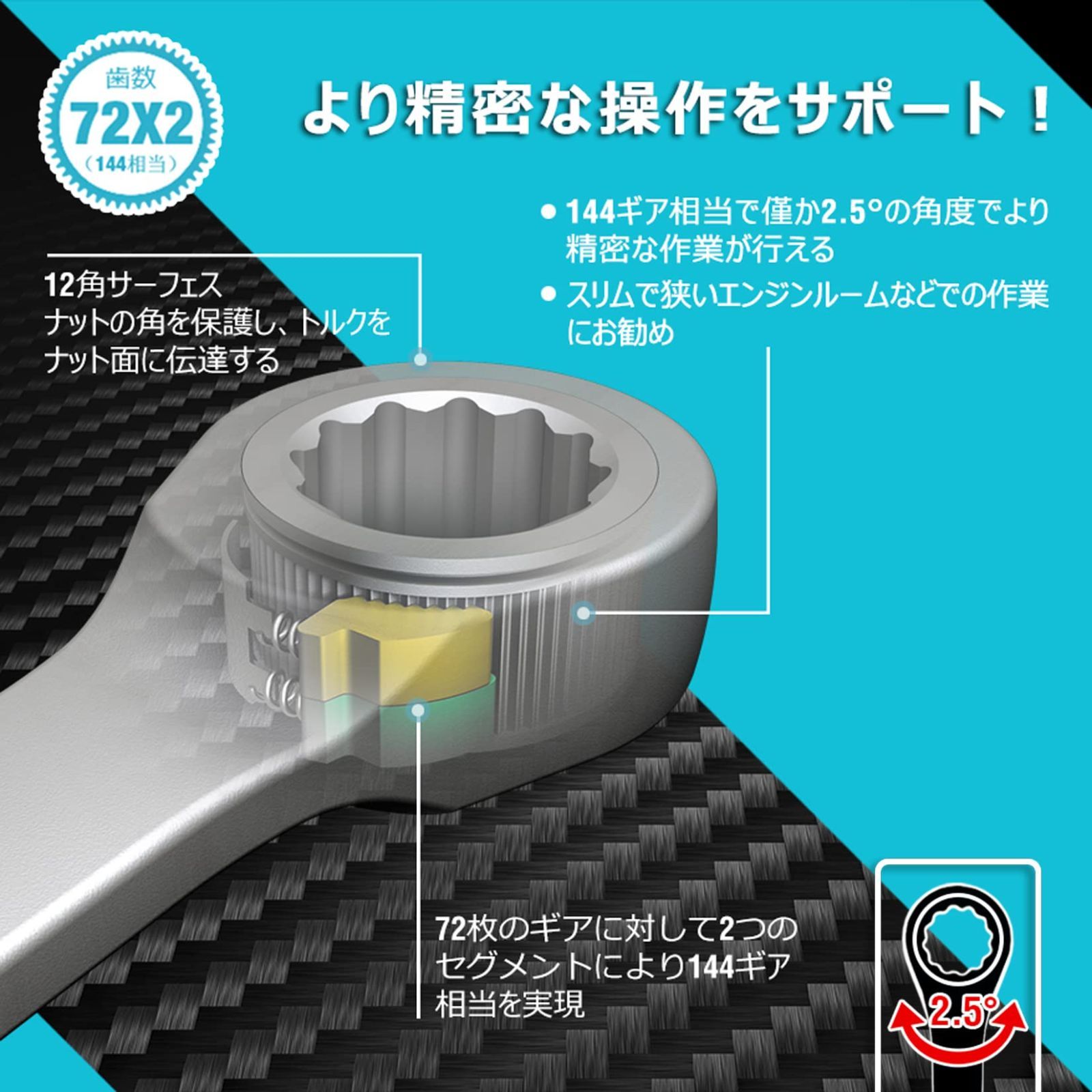 高品質板ラチェットスパナ、144ギア、CR-V製、黒クロームメッキ