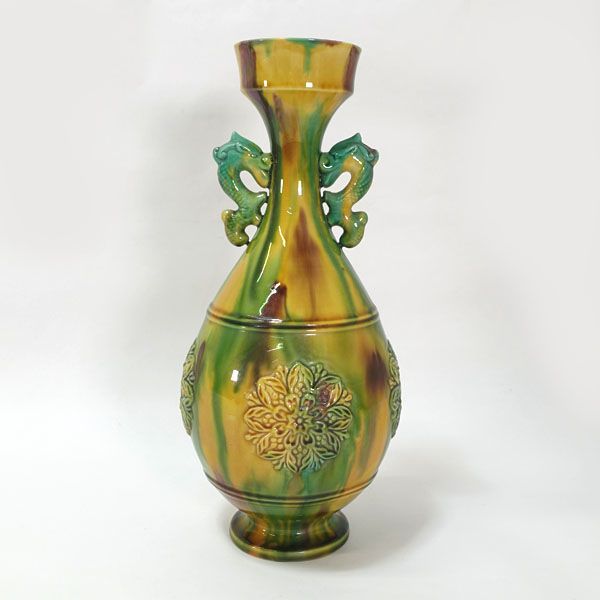 平戸焼 長崎三彩窯 十三代横石嘉助 花器 平戸焼 長崎三彩窯 龍双耳花器 ギフト