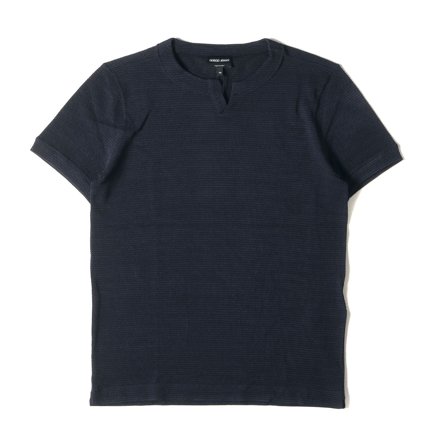 新品 GIORGIO ARMANI ジョルジオアルマーニ Ｔシャツ サイズ:48 ストレッチ シルクナイロン ニット キーネック 半袖Tシャツ ネイビー 紺 イタリア製 トップス カットソー【メンズ】