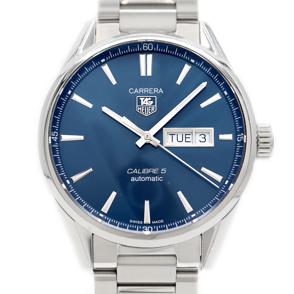 TAG Heuer タグホイヤー カレラ キャリバー5 デイデイト WAR201E BA0723 100m防水 裏スケ 青 ブルー SS ステンレス メンズ 自動巻き【6ヶ月保証】【腕時計】【中古】