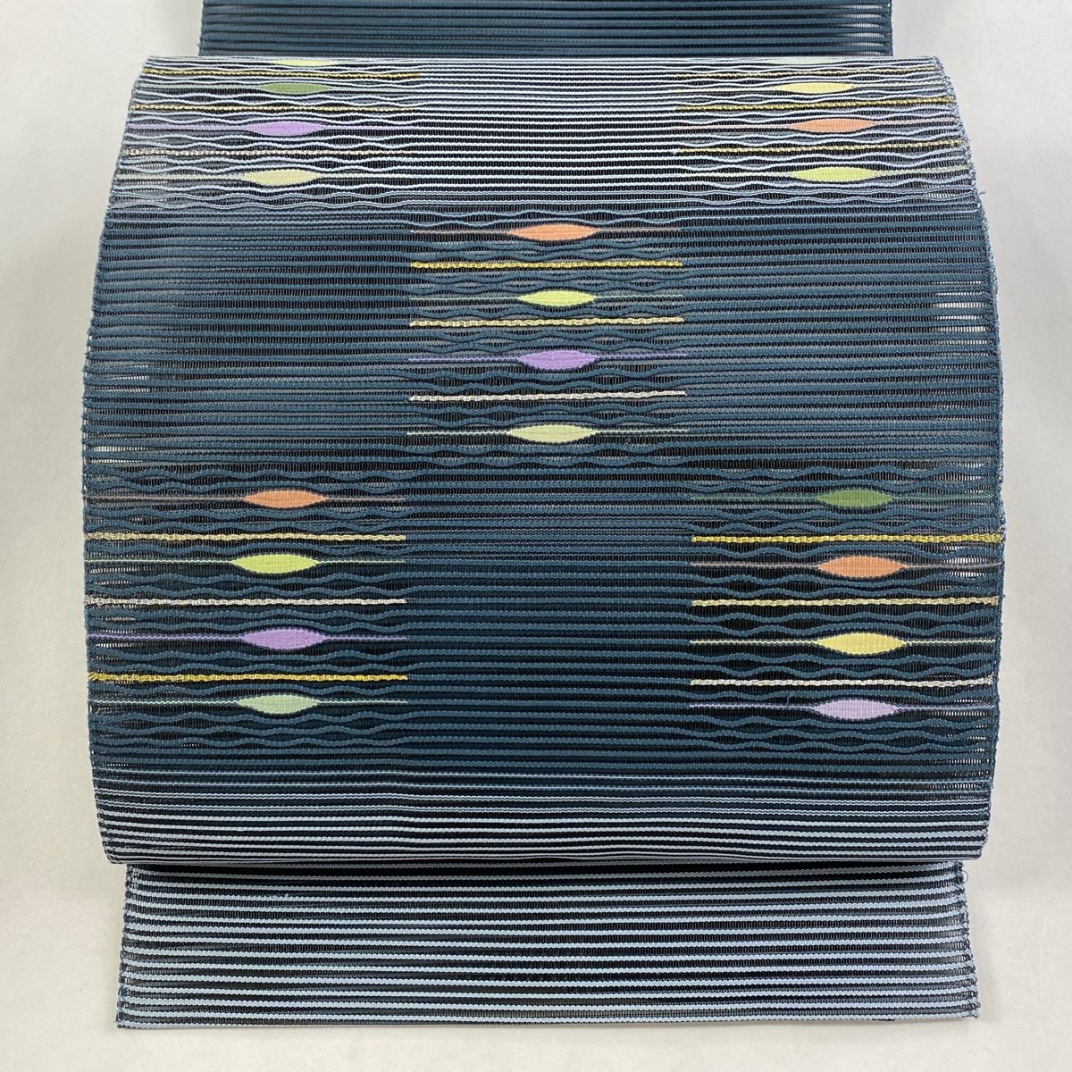 名古屋帯 秀品 夏帯 絽 八寸名古屋帯 松葉仕立て 縞 幾何学模様 金銀糸 青灰色 正絹