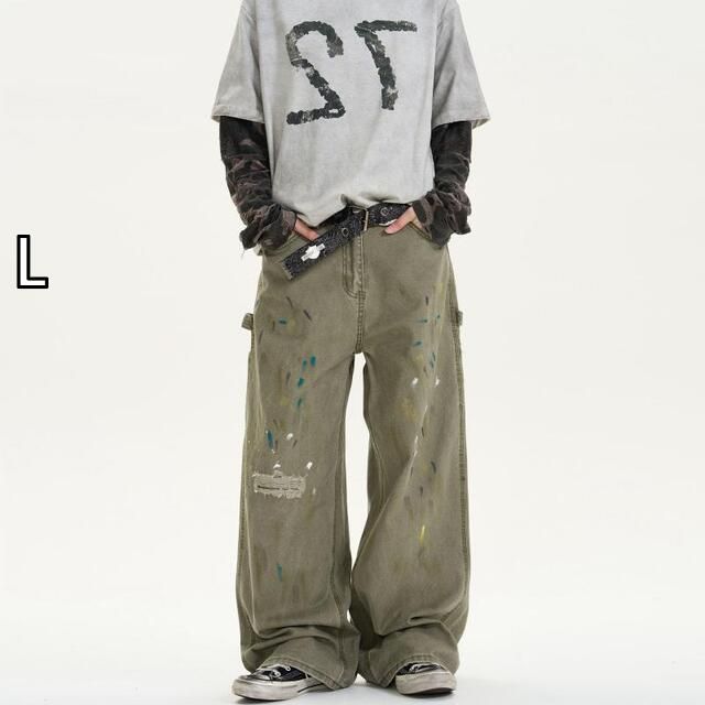 [L]春 コーデ メンズ 用 服 紳士服 アメリカン ストリート カジュアル ストレート ジーンズ パンツ ワークウェア ダメージ ユニセックス  カジュアル 通勤スタイル 重ね着コーデ ゆったりシルエット 快適フィット 動きやすい デイリー