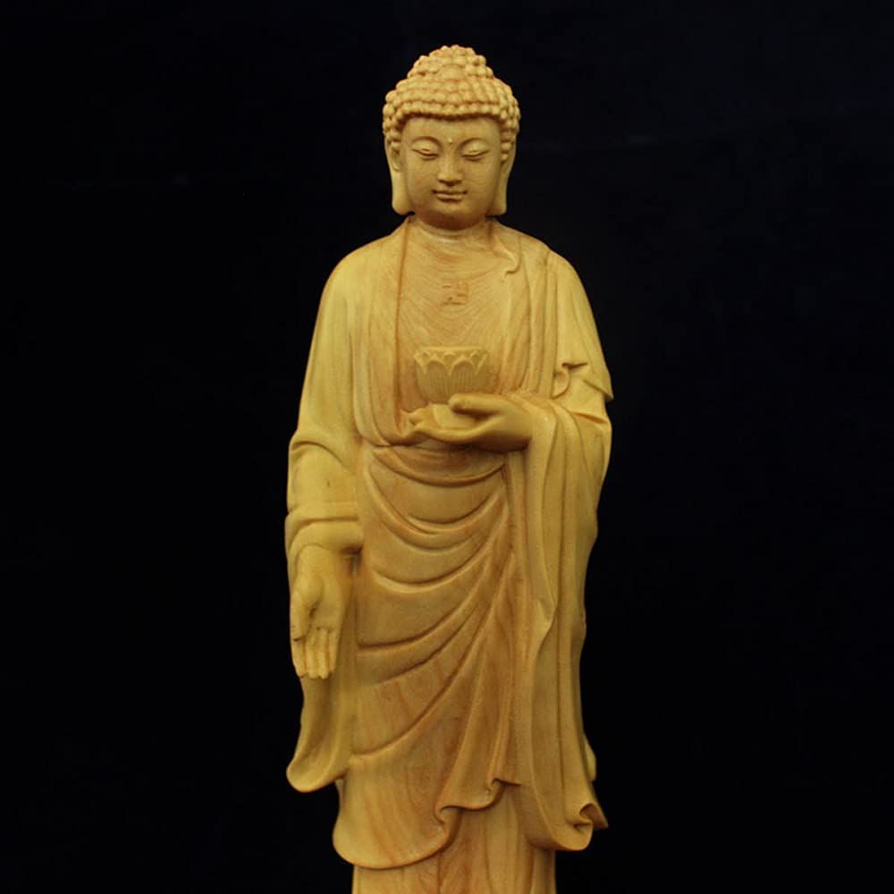高級天然ツゲ木彫り 阿弥陀仏 木製仏像 阿弥陀如来立像 仏教美術品