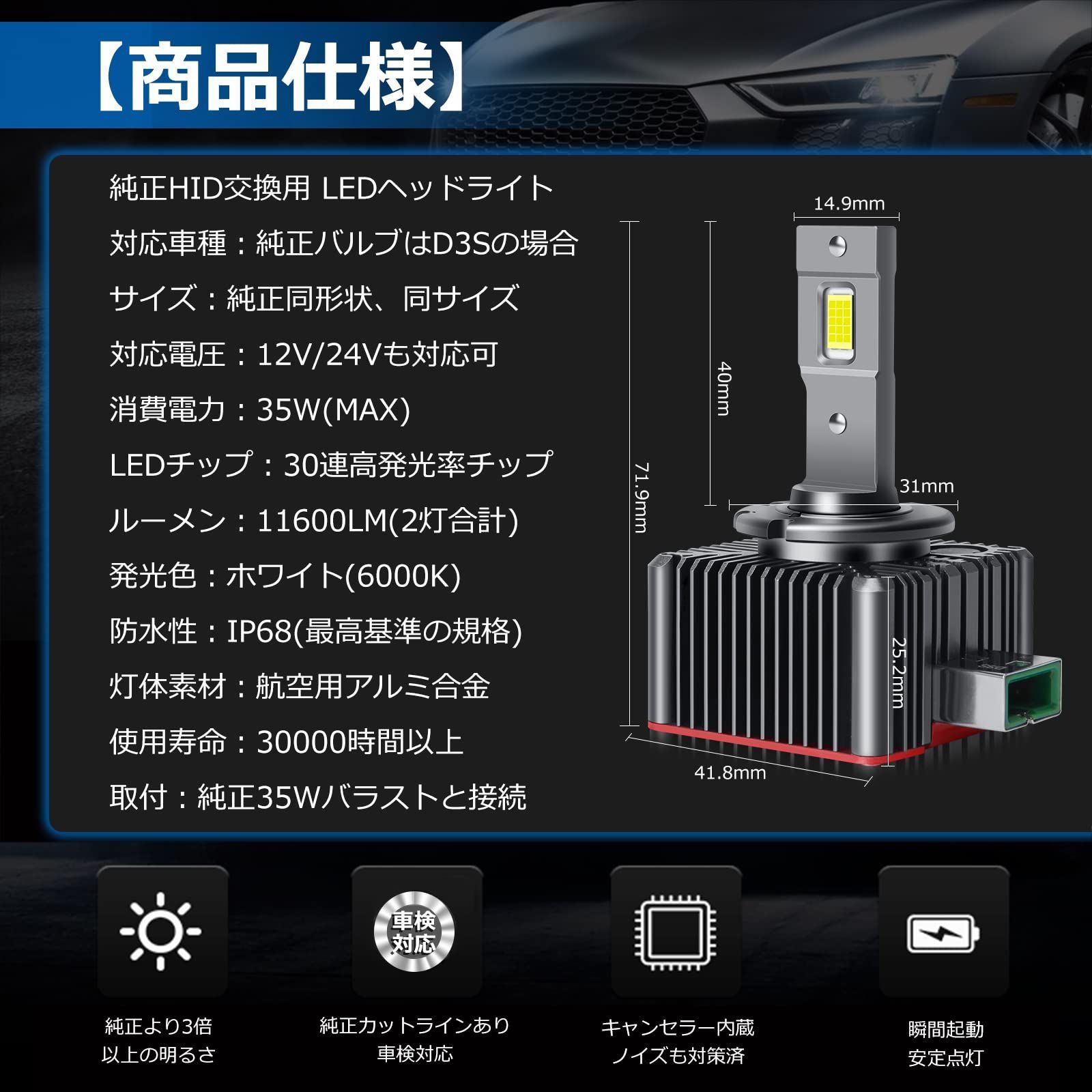 D3S LED ヘッドライト LEDバルブ 車検対応 「OPPLIGHT最新型」 純正同形状 ポン付け 純正HIDをLED化 AUDI アウディ VW  ゴルフ ベンツ 12V/24V車対応 35W 11600LM ホワイト 配線レス アクティブヘッドライ - メルカリ