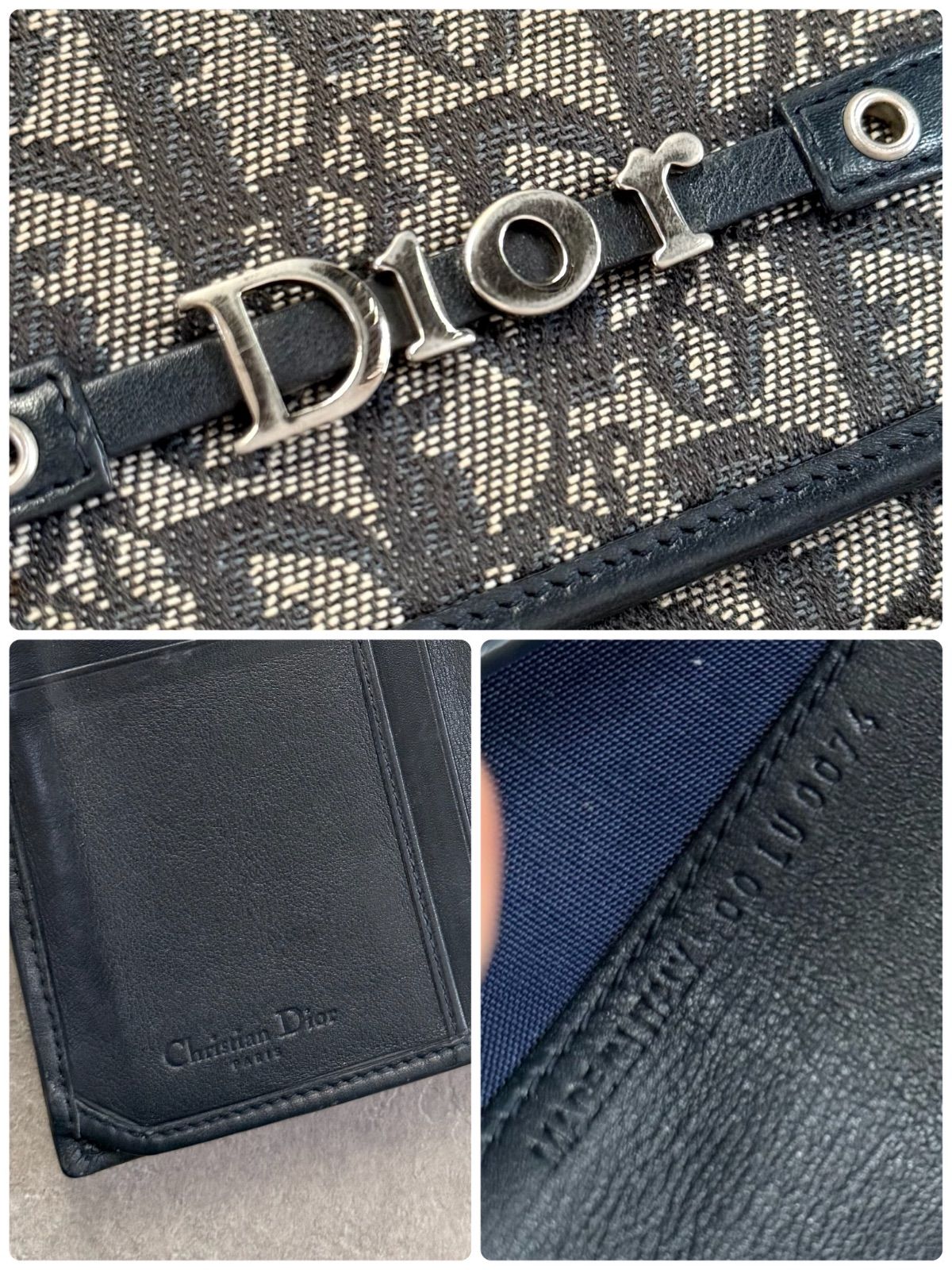 クリスチャンディオール トロッター 二つ折り長財布 ネイビー キャンバス レザー クリスチャンディオール トロッター 二つ折り長財布 ネイビー