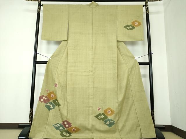 平和屋着物●生紬　訪問着　絞り　手描き　葡萄蔦の葉菱文　正絹　逸品　DAAS3792ps 平和屋着物○生紬 訪問着 絞り 手描き 葡萄蔦の葉菱文 正絹 逸品